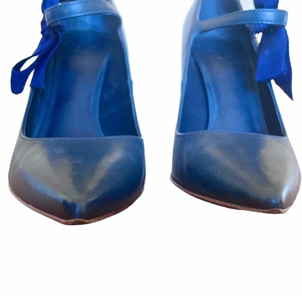 Tory Burch Beverly Navy Leather Bow Mary Jane Pumps Size 9 Pointed Toe Heels - Picture 5 of 10